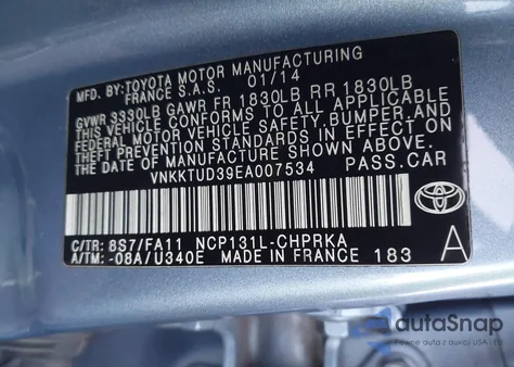 2014 Toyota Yaris L (Tmmf Plant) из США, поврежденный, VIN VNKKTUD39EA007534